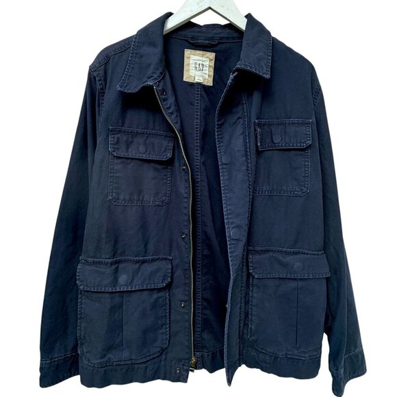 GAP Mens Utility Jacket Size Small Navy Blue Cotton Full Zip Casual Barn Coat - Picture 3 of 7